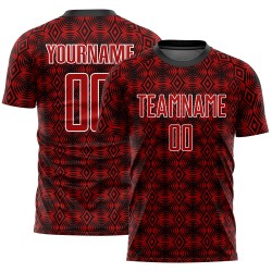 Maglia da calcio personalizzata con forme geometriche rosse, nere e bianche, stampata a sublimazione