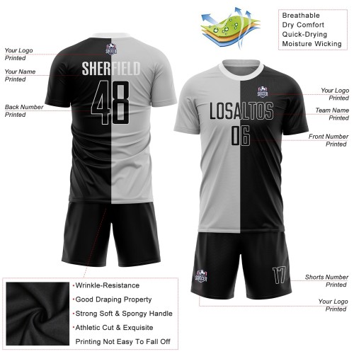 Maglia da calcio personalizzata con stampa a sublimazione grigia nera e bianca, divisa alla moda Maglia da calcio personalizzata con stampa a sublimazione grigia nera e bianca, divisa alla moda
