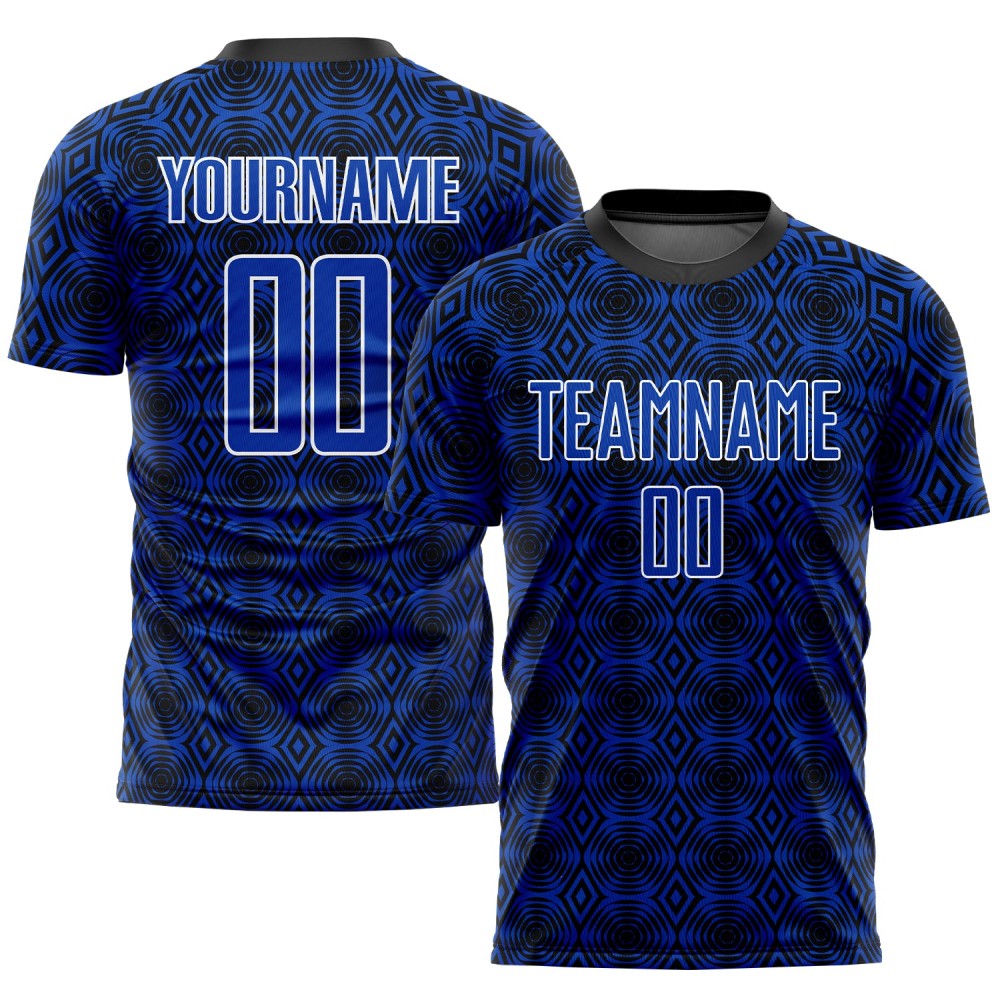 Maglia da calcio personalizzata Thunder Blue Black-White Geometric Shapes Sublimation Maglia da calcio personalizzata Thunder Blue Black-White Geometric Shapes Sublimation
