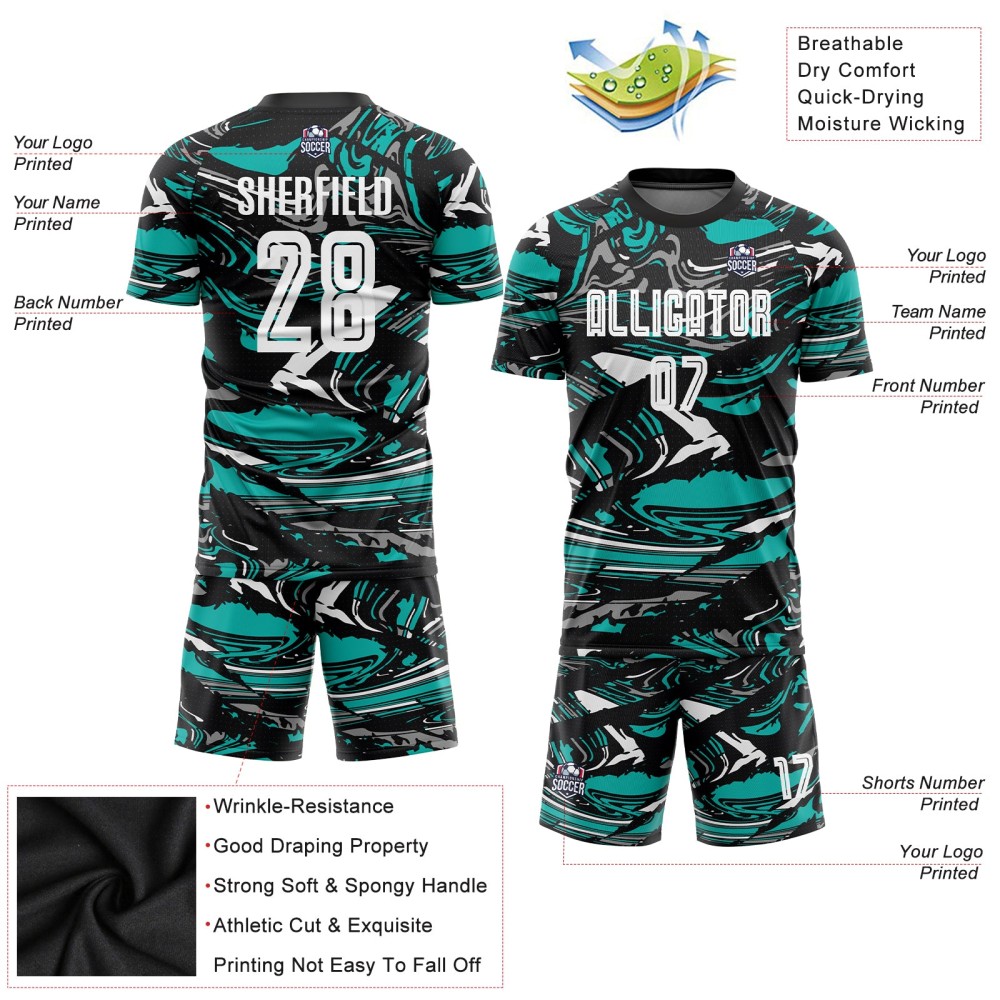 Maglia da calcio personalizzata con stampa sublimatica bianca e acquamarina Maglia da calcio personalizzata con stampa sublimatica bianca e acquamarina