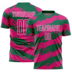 Maglia da calcio personalizzata Kelly Green Hot Pink-White Splash stampata a sublimazione