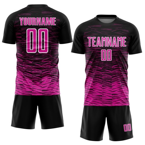 Maglia da calcio personalizzata con stampa a sublimazione, linea rosa scuro-bianca, nera Maglia da calcio personalizzata con stampa a sublimazione, linea rosa scuro-bianca, nera
