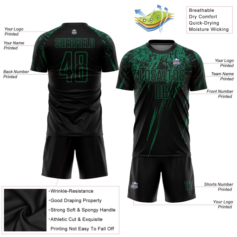 Maglia da calcio personalizzata nera Kelly Green con stampa a sublimazione Maglia da calcio personalizzata nera Kelly Green con stampa a sublimazione