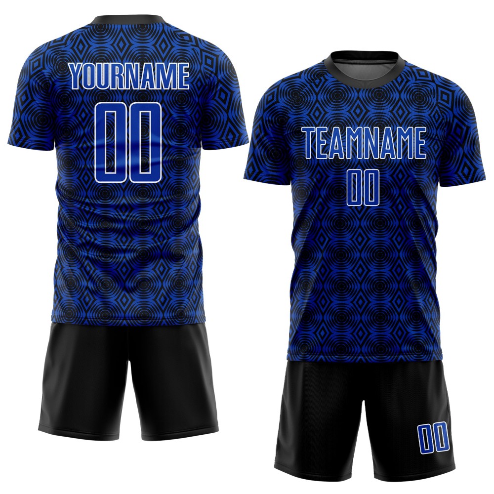 Maglia da calcio personalizzata Thunder Blue Black-White Geometric Shapes Sublimation Maglia da calcio personalizzata Thunder Blue Black-White Geometric Shapes Sublimation
