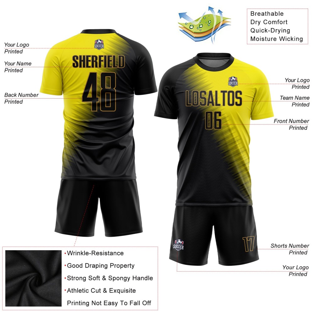 Maglia da calcio personalizzata con stampa sublimatica oro nero-oro antico Maglia da calcio personalizzata con stampa sublimatica oro nero-oro antico