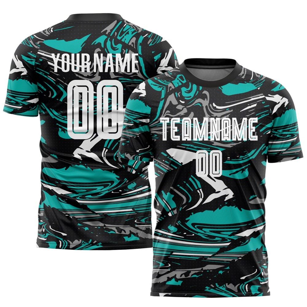 Maglia da calcio personalizzata con stampa sublimatica bianca e acquamarina Maglia da calcio personalizzata con stampa sublimatica bianca e acquamarina