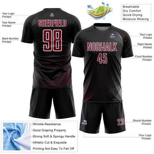 Maglia da calcio personalizzata con stampa a sublimazione con linee geometriche nere, cremisi e bianche Maglia da calcio personalizzata con stampa a sublimazione con linee geometriche nere, cremisi e bianche
