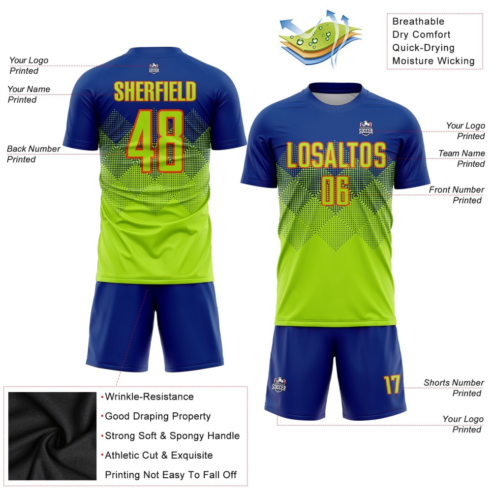 Maglia da calcio personalizzata Royal Neon Green-Arancione con stampa a sublimazione Maglia da calcio personalizzata Royal Neon Green-Arancione con stampa a sublimazione