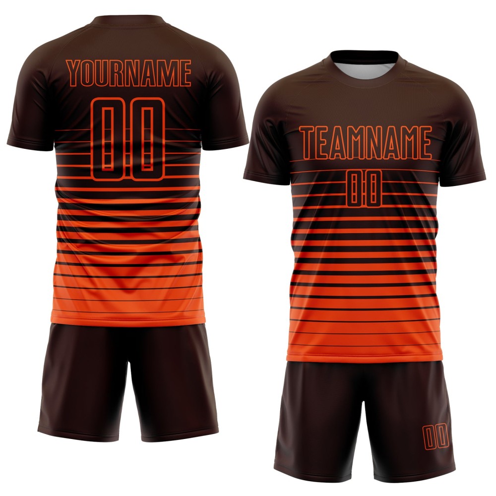 Maglia da calcio personalizzata con stampa sublimatica a righe marroni e arancioni sfumate Maglia da calcio personalizzata con stampa sublimatica a righe marroni e arancioni sfumate