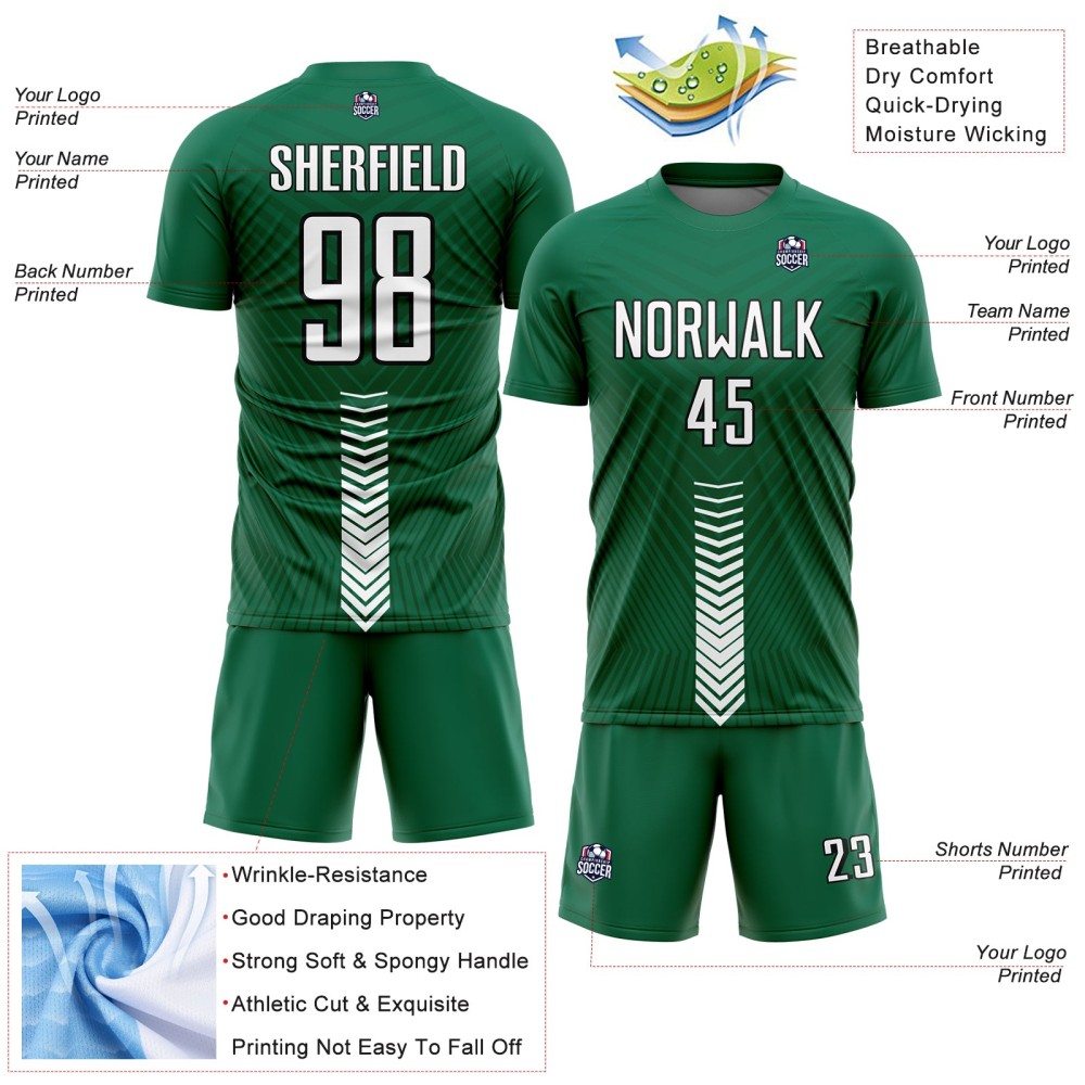 Maglia da calcio personalizzata Kelly Green White-Black Arrow Shapes stampata a sublimazione Maglia da calcio personalizzata Kelly Green White-Black Arrow Shapes stampata a sublimazione
