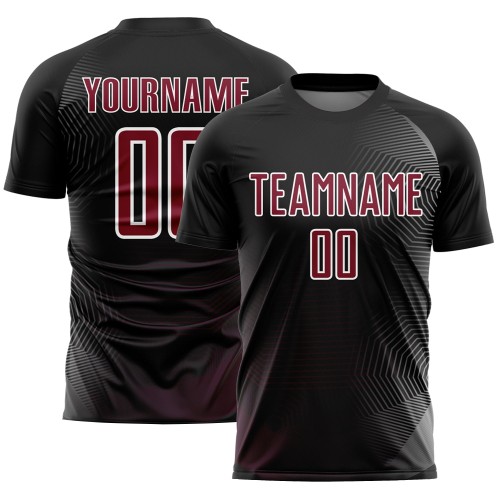 Maglia da calcio personalizzata con stampa a sublimazione con linee geometriche nere, cremisi e bianche Maglia da calcio personalizzata con stampa a sublimazione con linee geometriche nere, cremisi e bianche