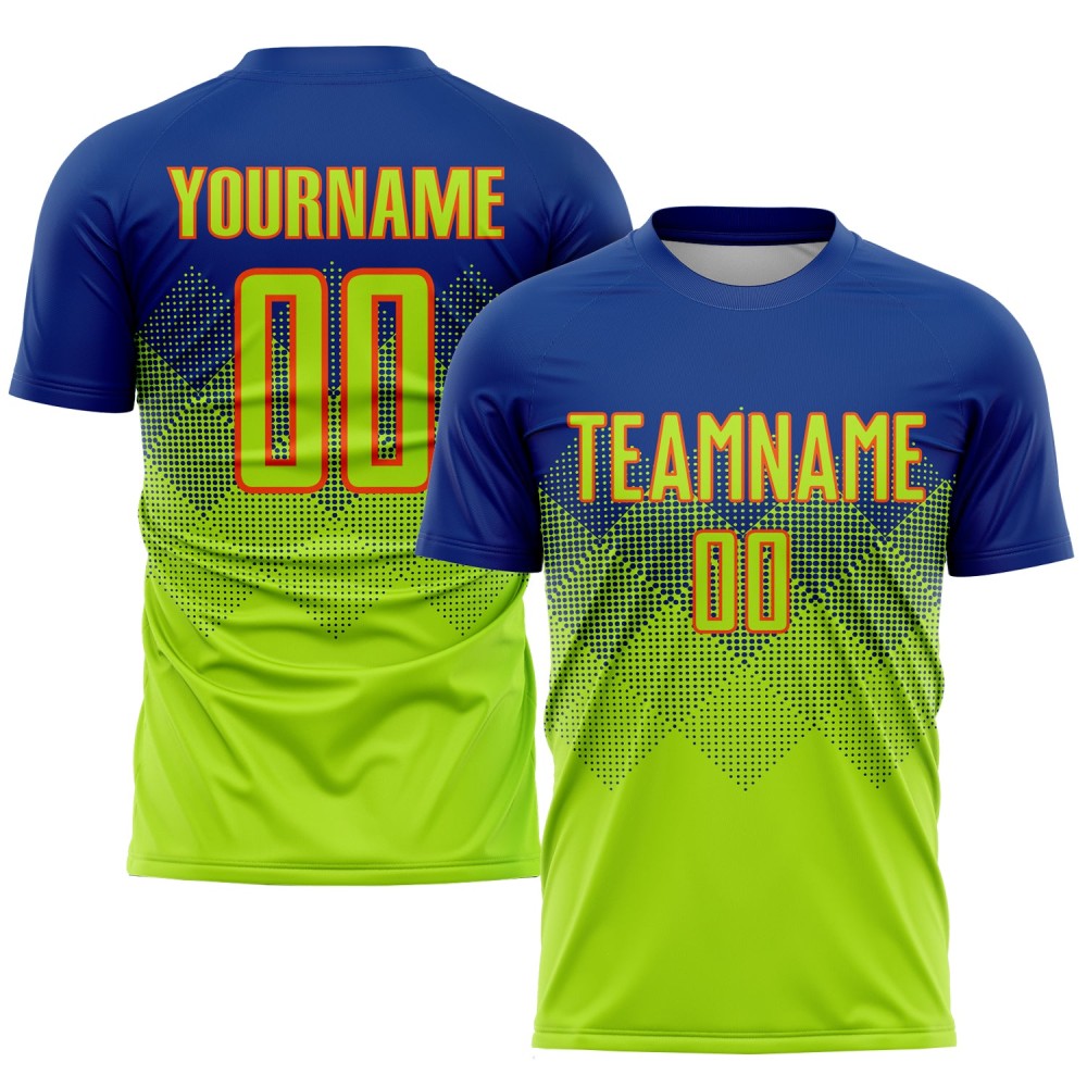 Maglia da calcio personalizzata Royal Neon Green-Arancione con stampa a sublimazione Maglia da calcio personalizzata Royal Neon Green-Arancione con stampa a sublimazione