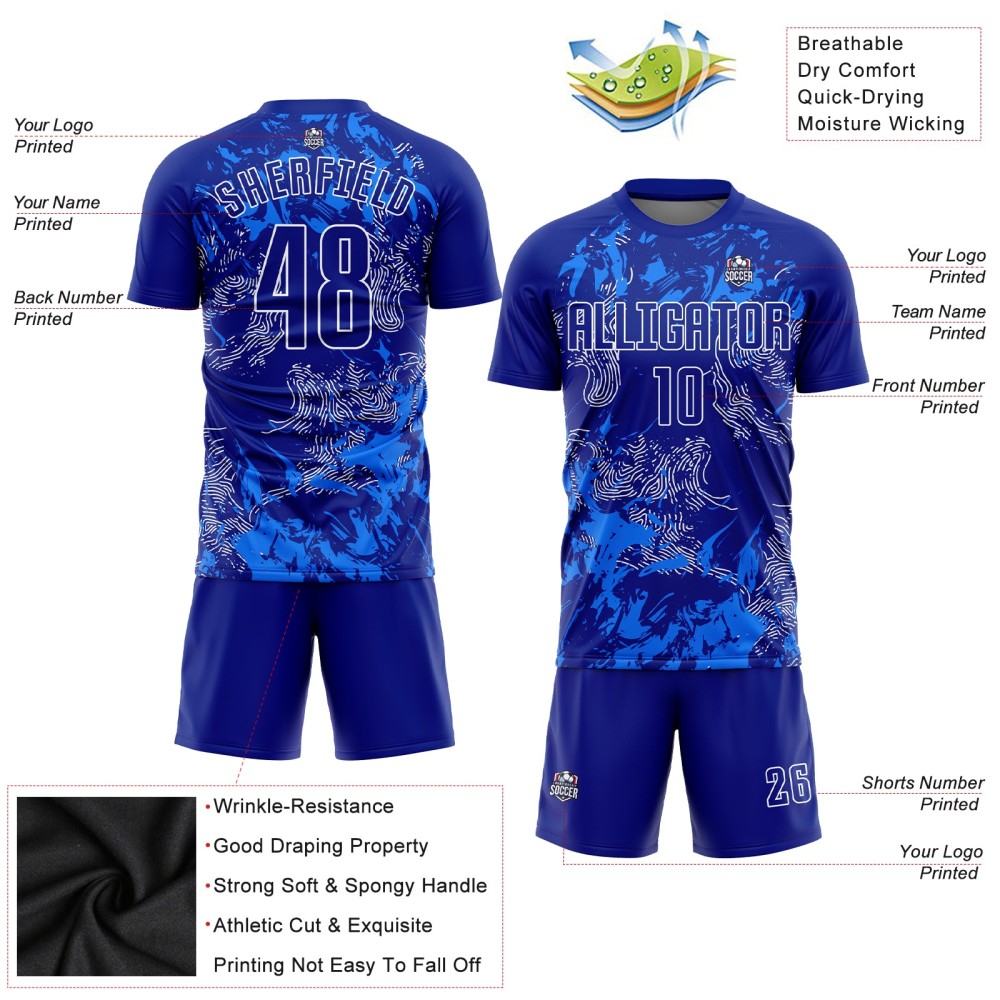 Maglia da calcio personalizzata Royal Royal-White Sublimation Uniform Maglia da calcio personalizzata Royal Royal-White Sublimation Uniform