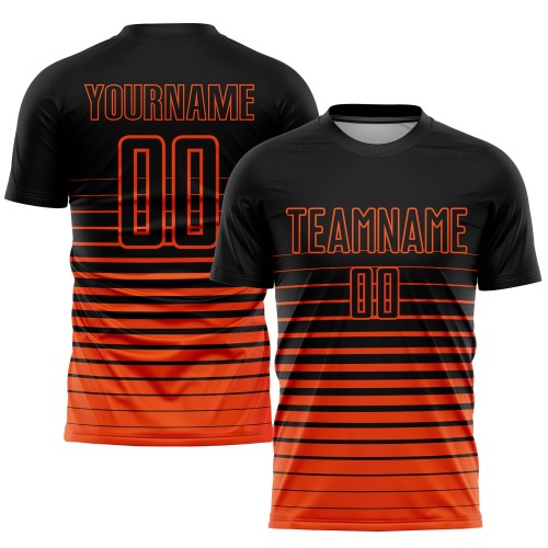 Maglia da calcio personalizzata con stampa sublimatica a righe nere e arancioni sfumate Maglia da calcio personalizzata con stampa sublimatica a righe nere e arancioni sfumate