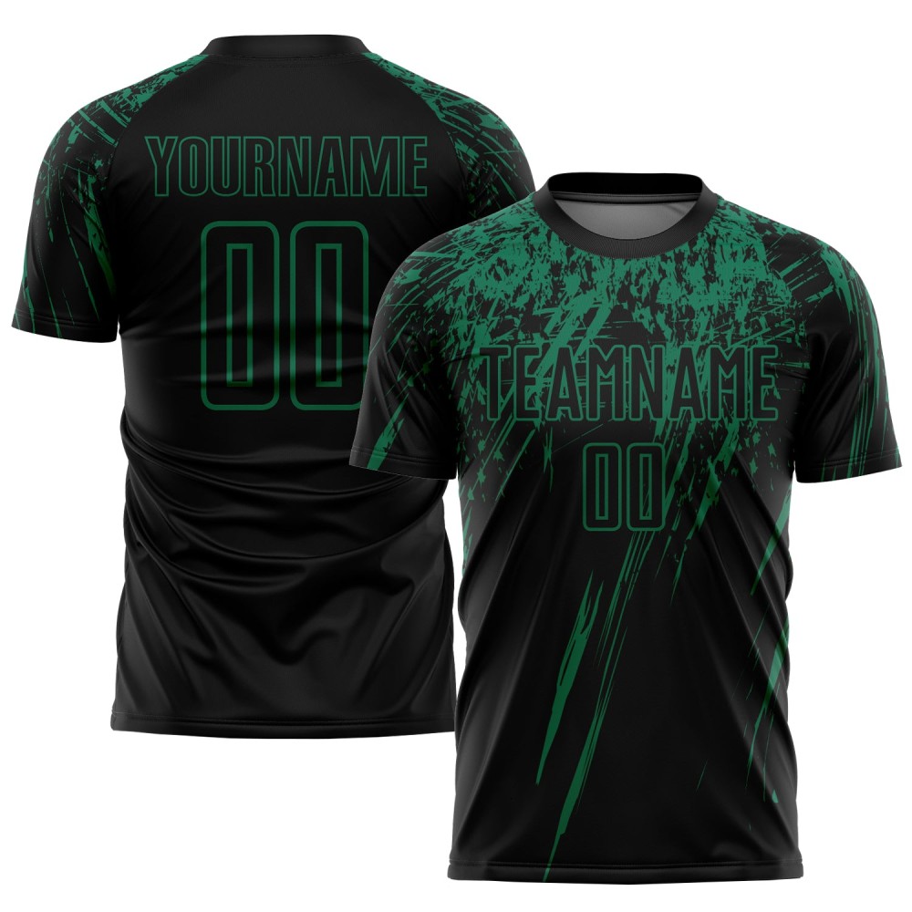 Maglia da calcio personalizzata nera Kelly Green con stampa a sublimazione Maglia da calcio personalizzata nera Kelly Green con stampa a sublimazione