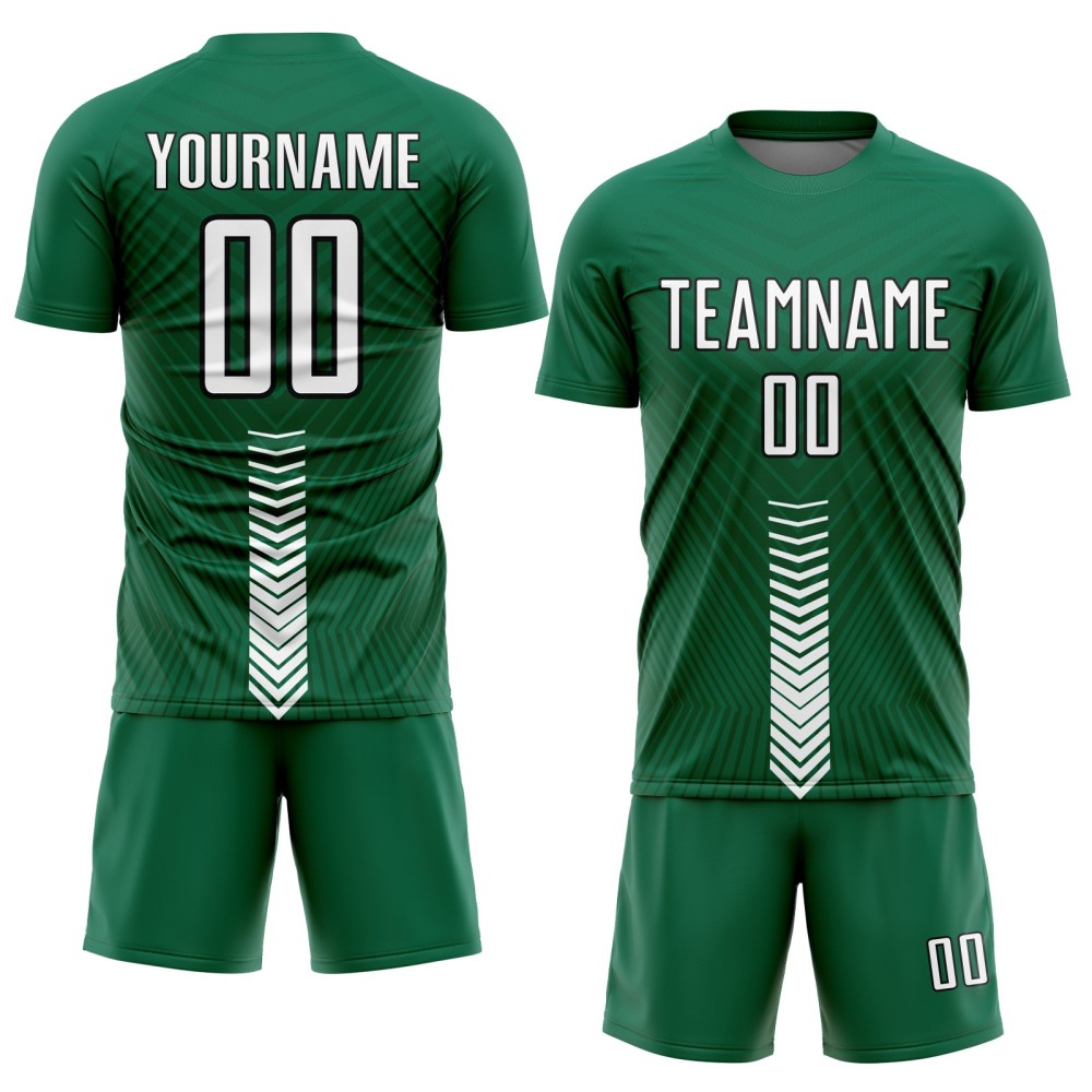 Maglia da calcio personalizzata Kelly Green White-Black Arrow Shapes stampata a sublimazione Maglia da calcio personalizzata Kelly Green White-Black Arrow Shapes stampata a sublimazione