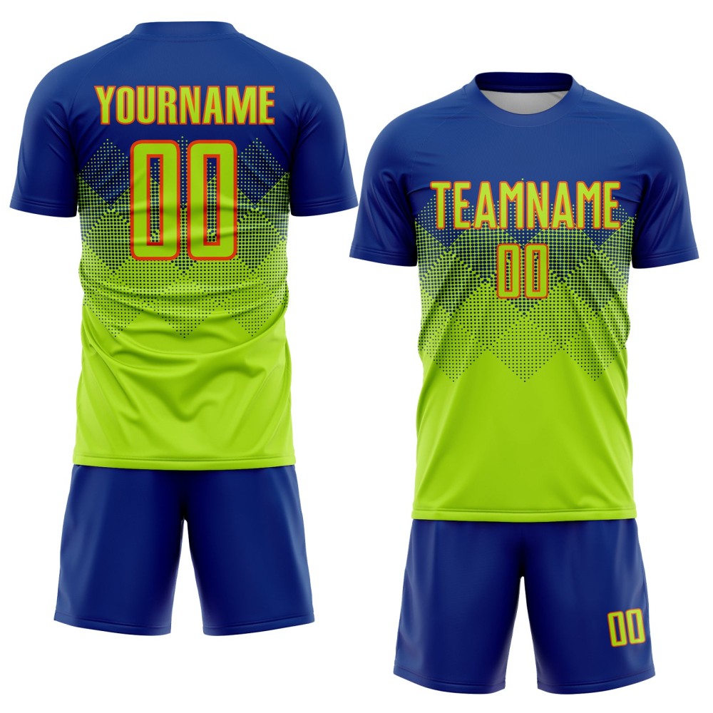 Maglia da calcio personalizzata Royal Neon Green-Arancione con stampa a sublimazione Maglia da calcio personalizzata Royal Neon Green-Arancione con stampa a sublimazione