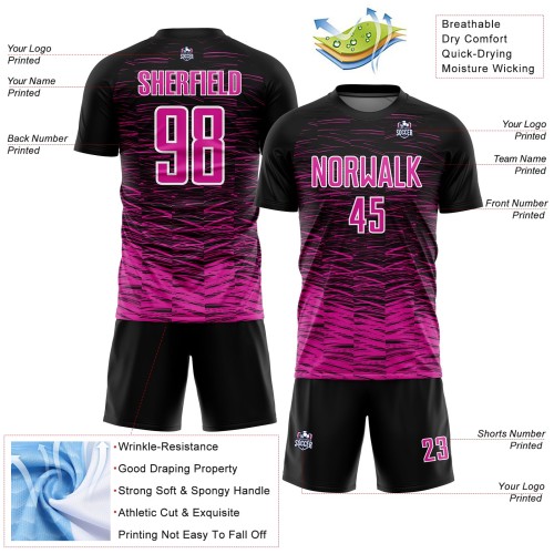 Maglia da calcio personalizzata con stampa a sublimazione, linea rosa scuro-bianca, nera Maglia da calcio personalizzata con stampa a sublimazione, linea rosa scuro-bianca, nera
