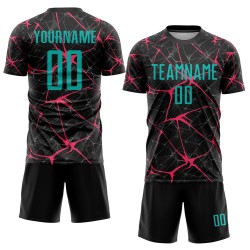 Maglia da calcio personalizzata con stampa sublimatica nera acquamarina-rosa neon