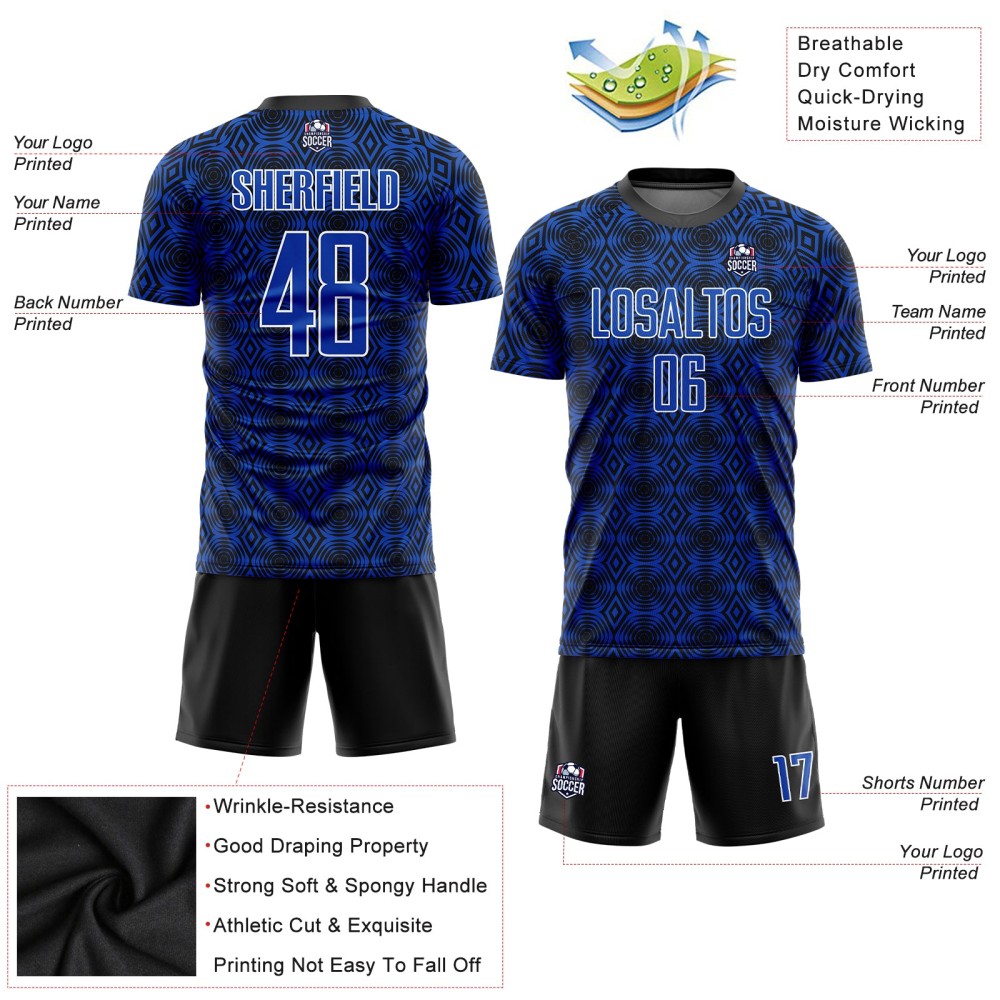Maglia da calcio personalizzata Thunder Blue Black-White Geometric Shapes Sublimation Maglia da calcio personalizzata Thunder Blue Black-White Geometric Shapes Sublimation