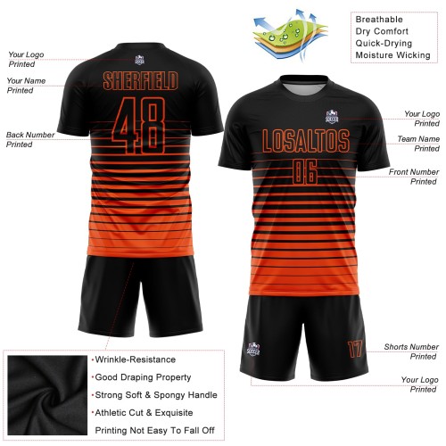 Maglia da calcio personalizzata con stampa sublimatica a righe nere e arancioni sfumate Maglia da calcio personalizzata con stampa sublimatica a righe nere e arancioni sfumate