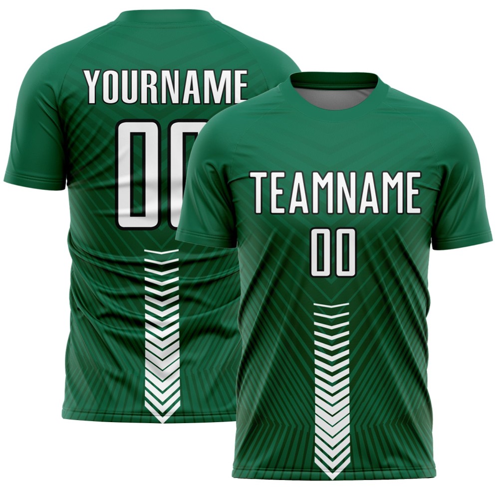Maglia da calcio personalizzata Kelly Green White-Black Arrow Shapes stampata a sublimazione Maglia da calcio personalizzata Kelly Green White-Black Arrow Shapes stampata a sublimazione