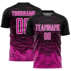 Maglia da calcio personalizzata con stampa a sublimazione, linea rosa scuro-bianca, nera