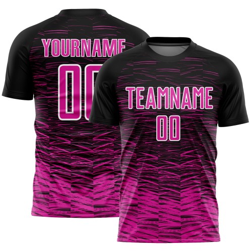 Maglia da calcio personalizzata con stampa a sublimazione, linea rosa scuro-bianca, nera Maglia da calcio personalizzata con stampa a sublimazione, linea rosa scuro-bianca, nera