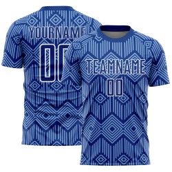 Maglia da calcio personalizzata con stampa a sublimazione di forme geometriche astratte blu chiaro-bianco