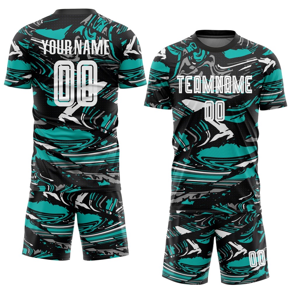 Maglia da calcio personalizzata con stampa sublimatica bianca e acquamarina Maglia da calcio personalizzata con stampa sublimatica bianca e acquamarina